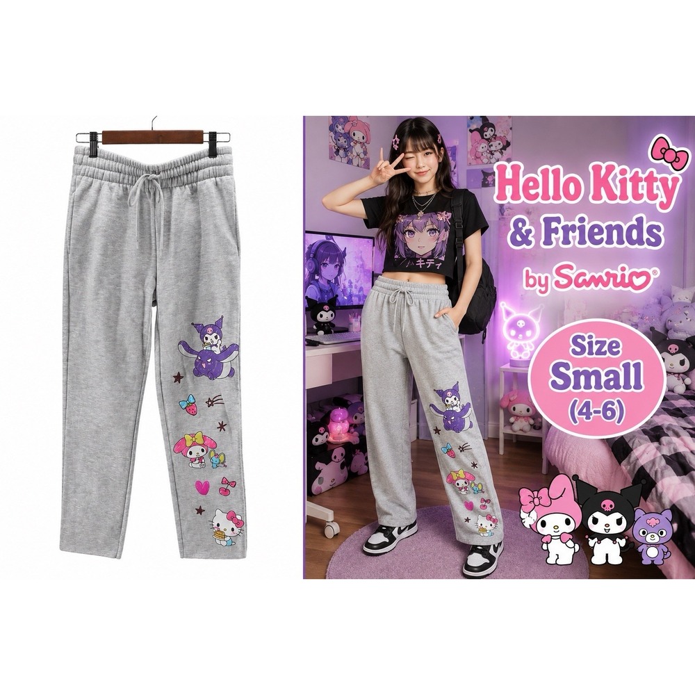 Hello Kitty & Friends by Sanio Sweatpants Gray Fleece Joggers Small (4-6) Kawaii